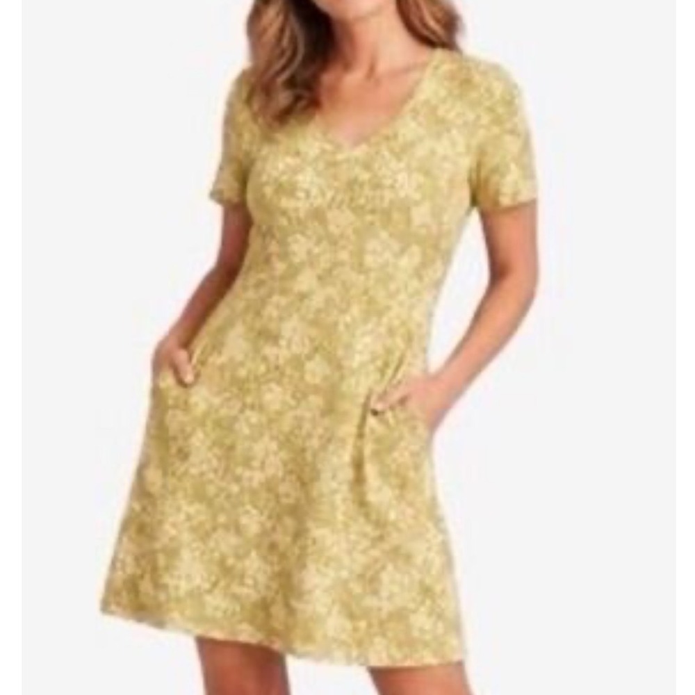 Pact Organic Cotton Floral Fit and Flare V-Neck Midi Dress Chartreuse Yellow S